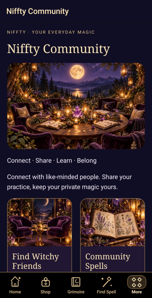 Niffty Community introduction with Find Witchy Friends and Community Spells options.