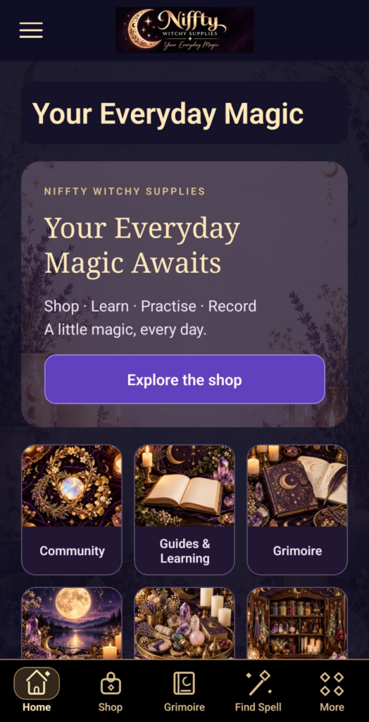 Niffty app home screen with shop access and shortcuts to Community, Guides & Learning and Grimoire.