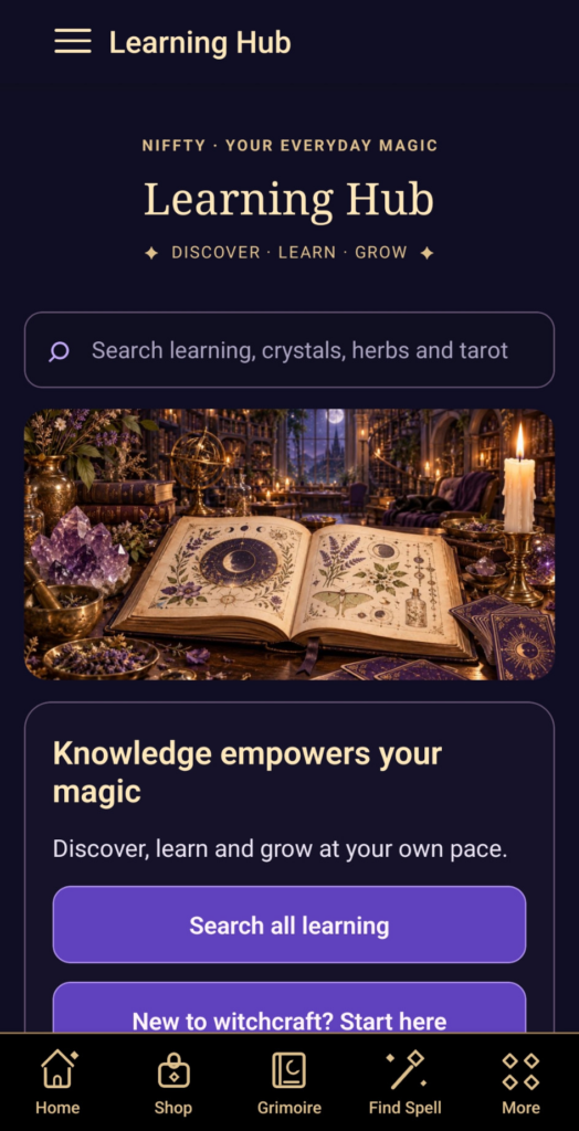 Niffty Learning Hub with search for learning, crystals, herbs and tarot, plus beginner resources.