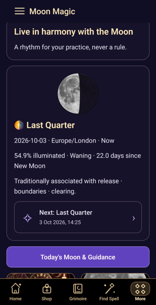 Moon Magic example showing a last-quarter moon, illumination and phase timing.