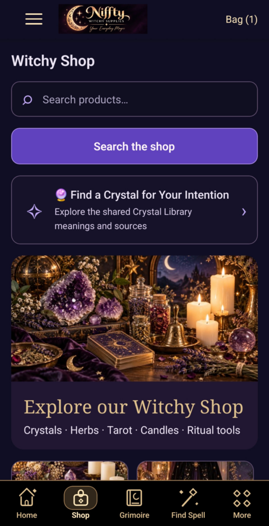 Witchy Shop screen with product search, a Crystal Library link and categories for crystals, herbs, tarot, candles and ritual tools.