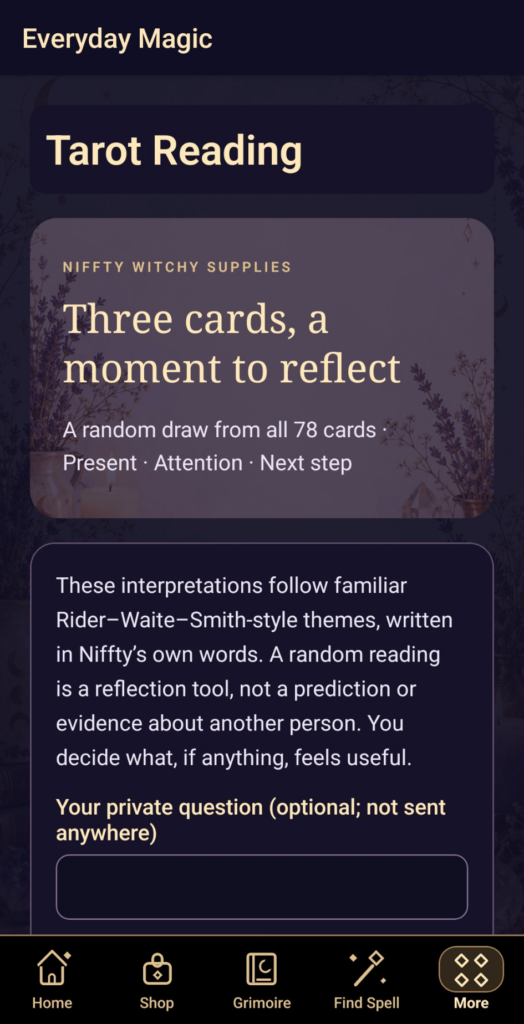 Tarot Reading introduction explaining a three-card reflection, with an empty optional private-question field.